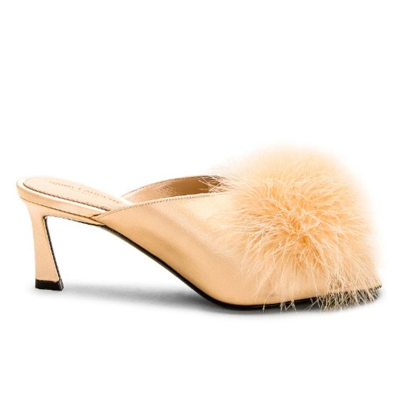 Saint Laurent Shoes - Saint Laurent Blanco 60 Mule Satin Feather Heel Nude Size 39
